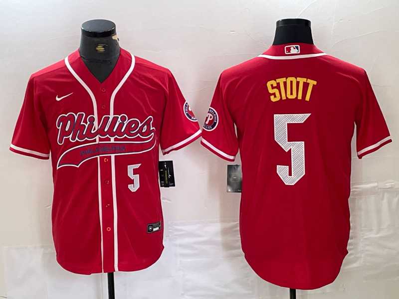 Mens Philadelphia Phillies #5 Bryson Stott Number Red Cool Base Stitched Baseball Jersey